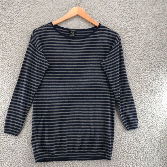 Ann Taylor Sweater Womens Medium Petite Navy Gray Stripe Merino Wool Blend Knit - Picture 1 of 9